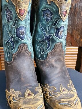 Dan Post Teal Floral Embroidered Western Heeled Boots with Brown Foot